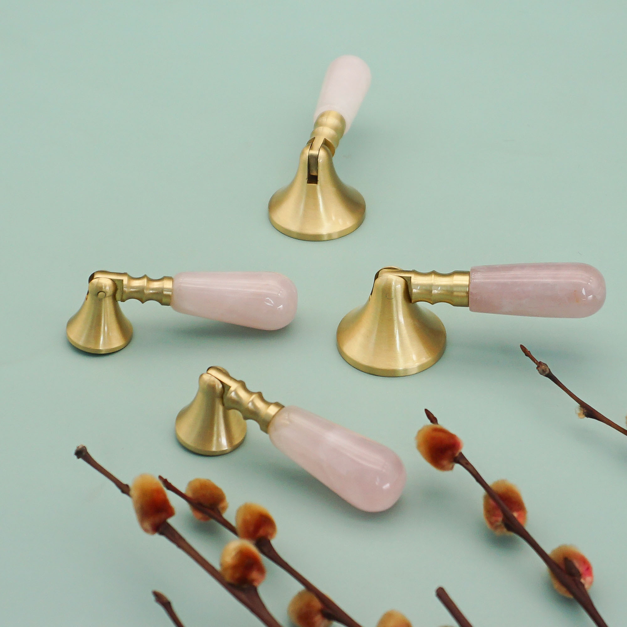 Furniture Hardware Drop Pulls - Pembe Kristal + Pirinç Kapı Topuzları